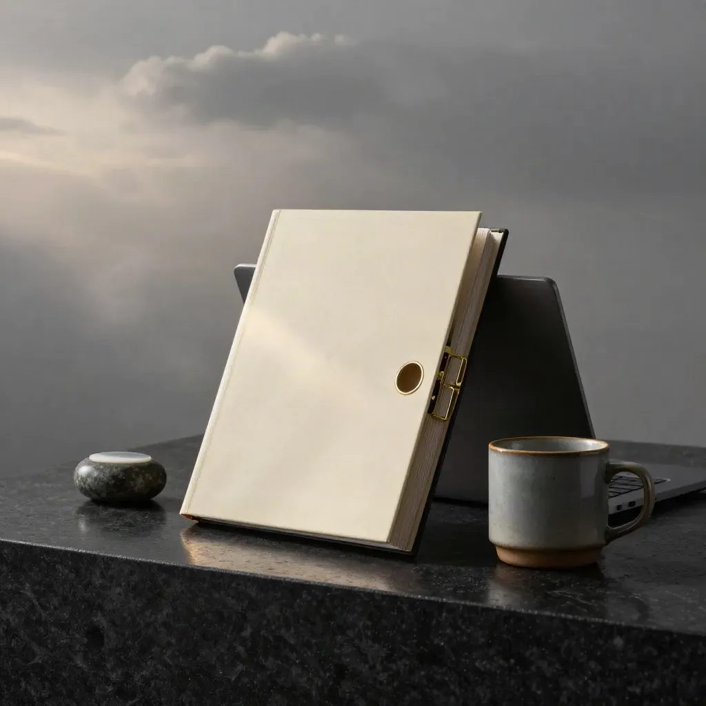 Cream audit binder, graphite laptop, stone paperweight and slate mug on a dark studio plinth.
