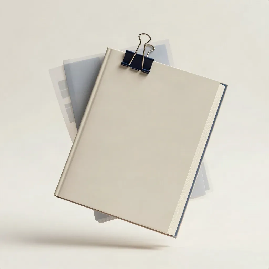 Cream growth audit dossier with navy tabs and metal clips floating on a pale seamless field.