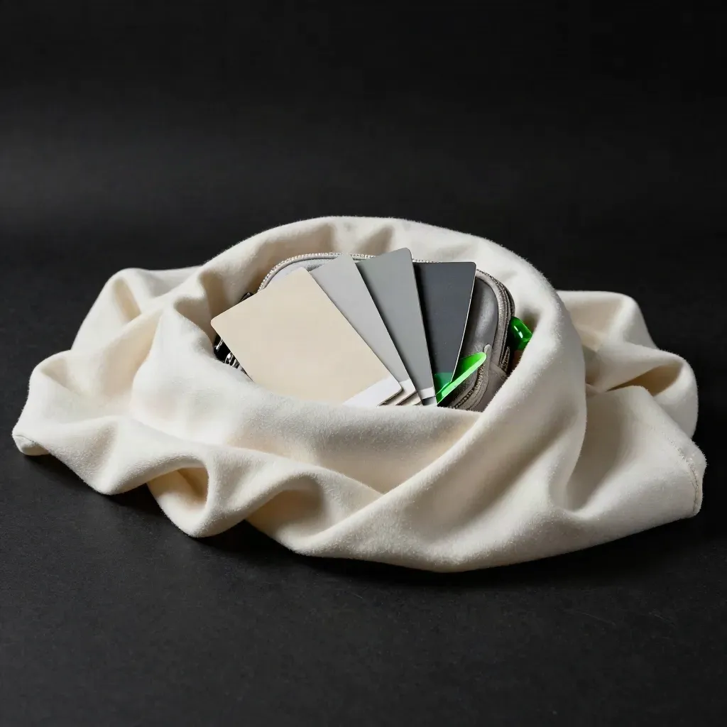 Ivory fabric reveals a paid social test kit with swatch cards and a soft case in dramatic studio light.