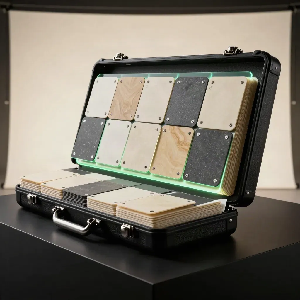 Oversized campaign planning board with glowing tablet and layered cards on a dark studio stage.
