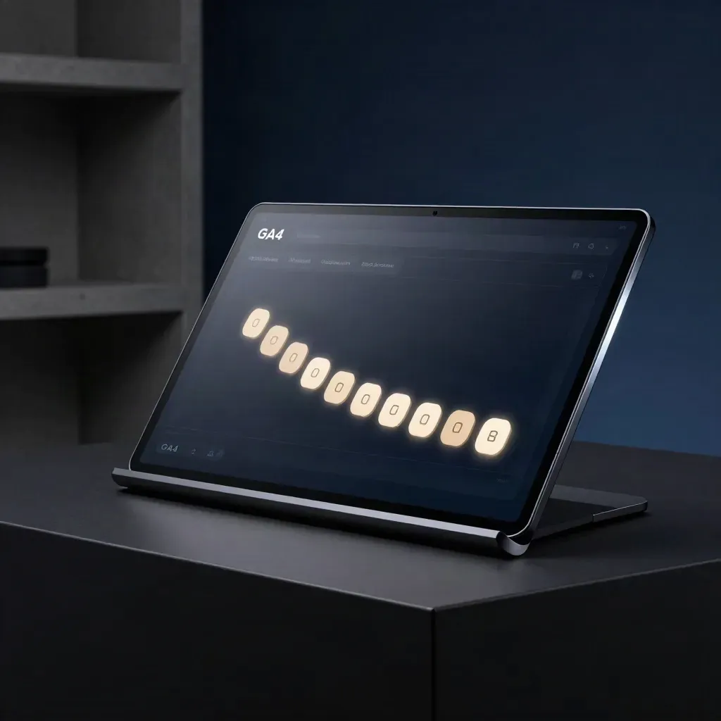 Dark GA4 dashboard slab with signal tokens on a matte-black tray in a moody studio.